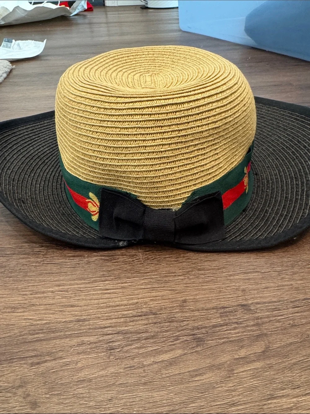Wide Brim Straw Sun Hat with Black Brim and Tan Crown